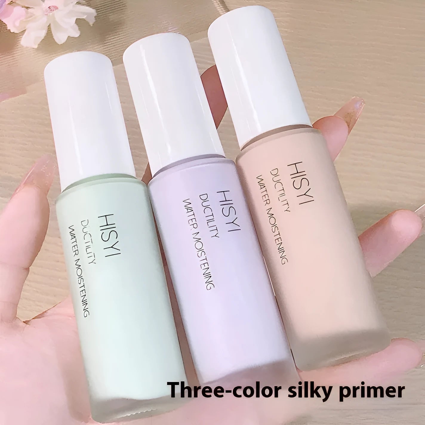 HISYI Silky Clear Makeup Primer tube or bottle showing three colour options 01, 02, 03 for brightening skin