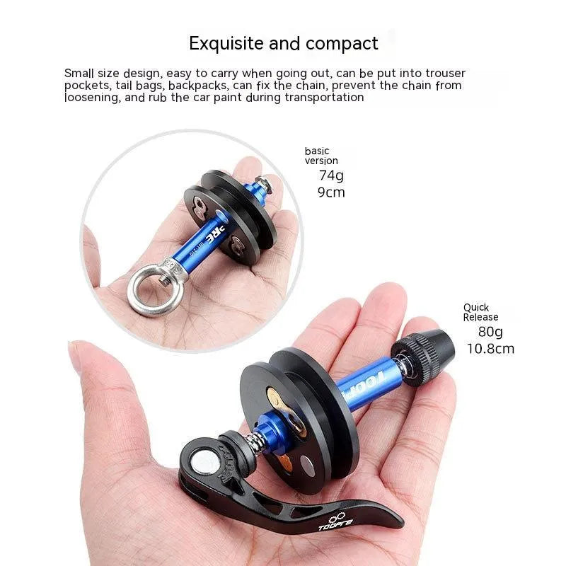 Aluminium bicycle chain holder tool showing three versions: Barrel Shaft, Basic, and Quick Release.