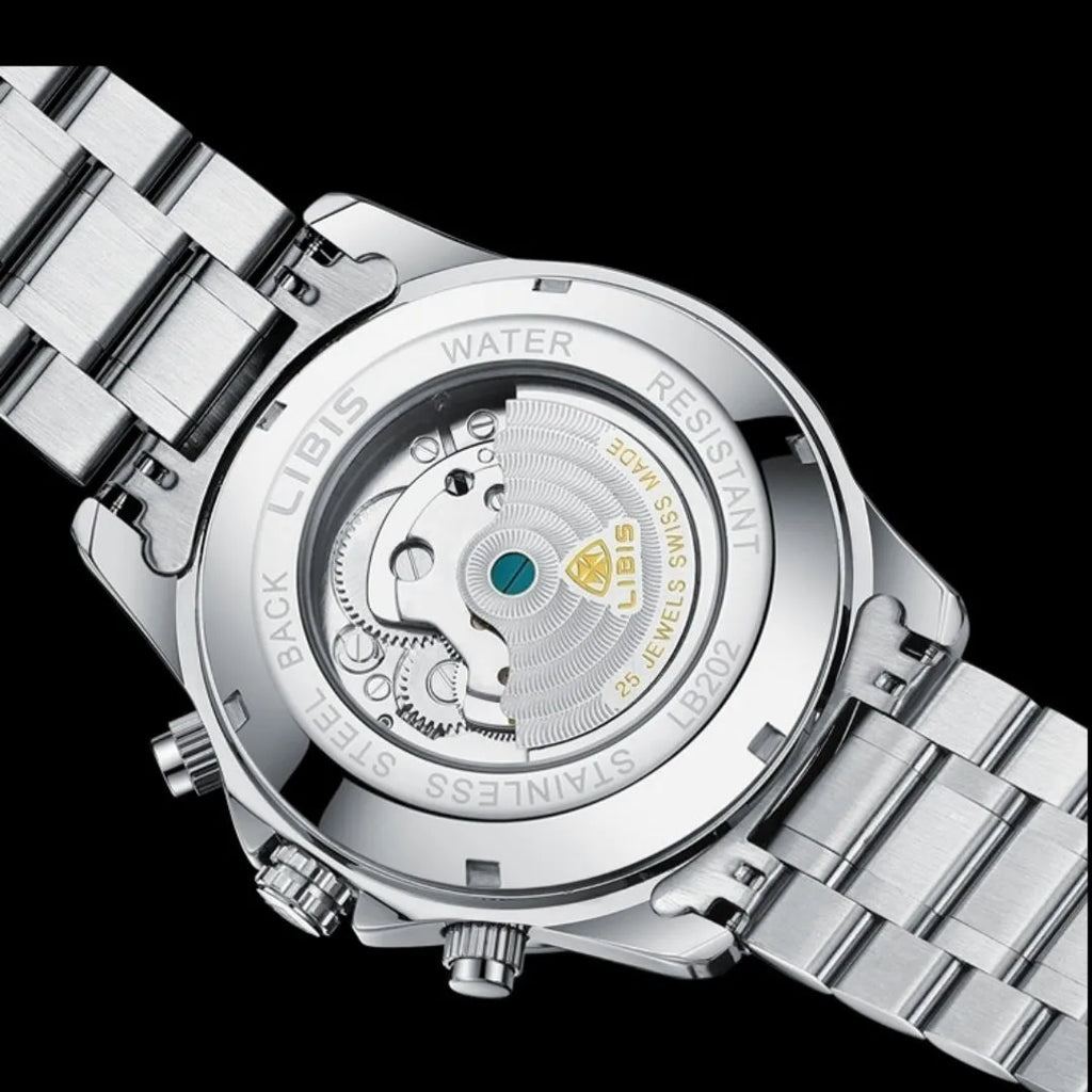 Men's silver stainless steel automatic perpetual calendar mechanical watch with sapphire crystal glass