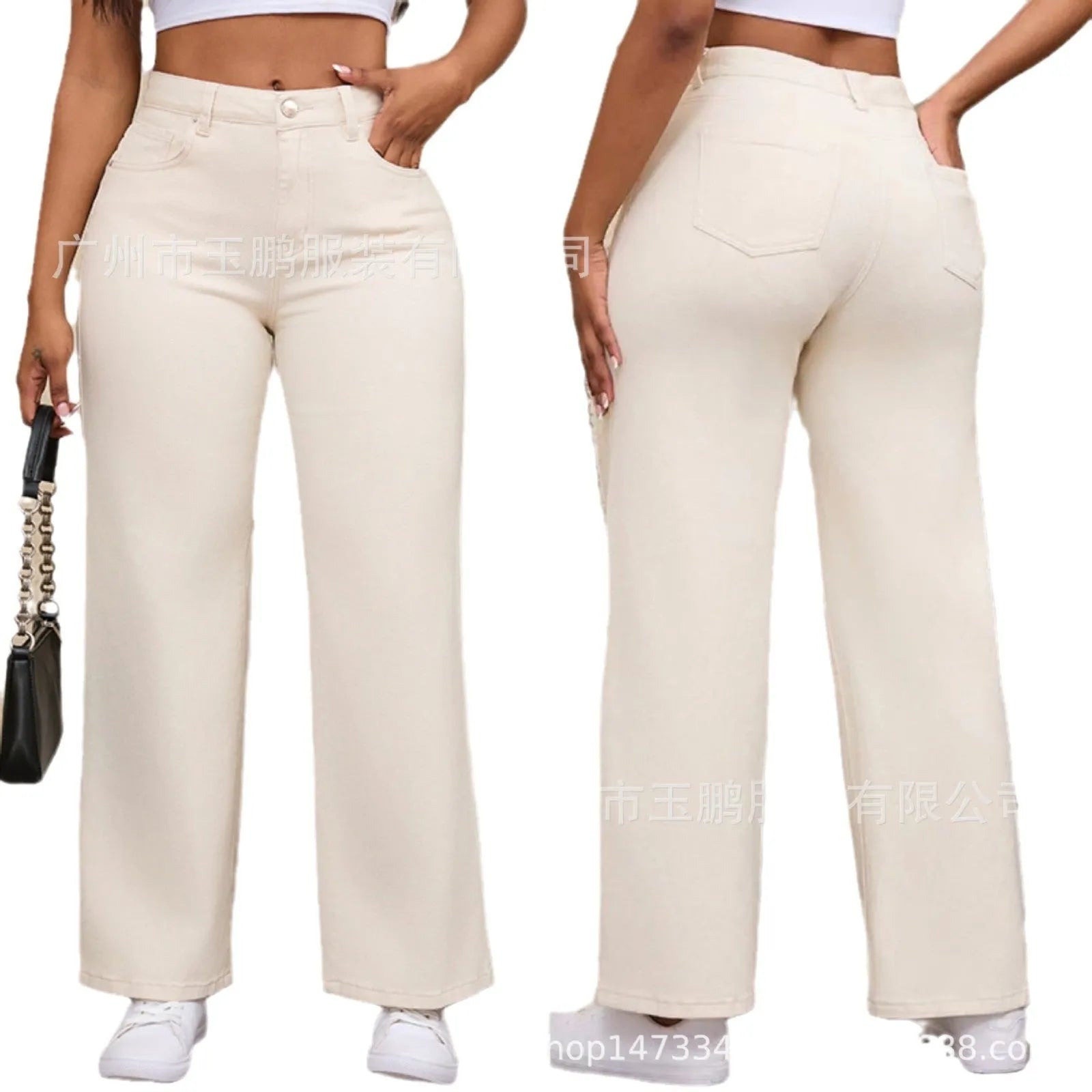 Women's autumn straight jeans in wide leg design, apricot colour, high waist