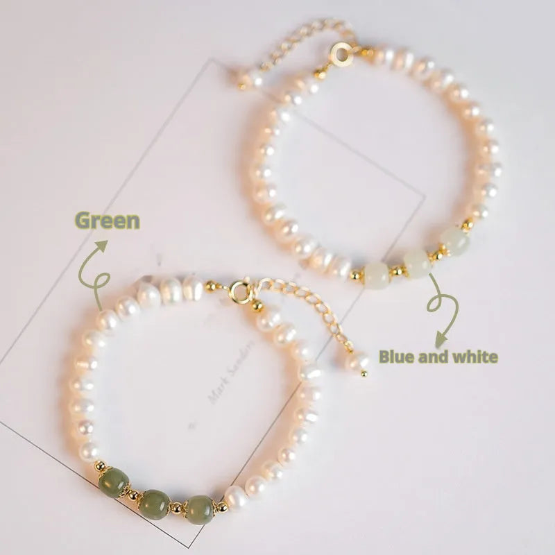Korean style natural freshwater diamond pearl bracelet with electroplated finish in Hetian jade colours.