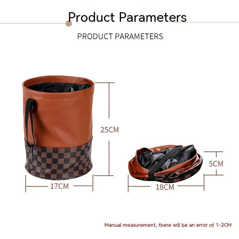 Black leather retractable foldable car trash can with handle shown open and folded.