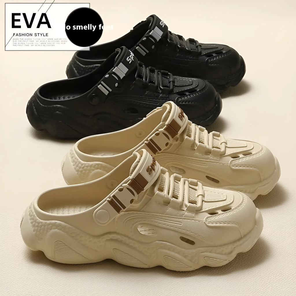 A pair of khaki men's outdoor slippers with a hollow-out pattern and a textured EVA sole.