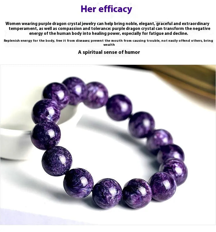 Natural purple charoite crystal bracelet with platinum details, showing different bead size options.