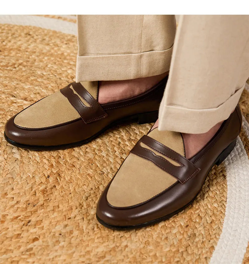 Men's coffee grey suede leather loafers in British style with a slip-on design
