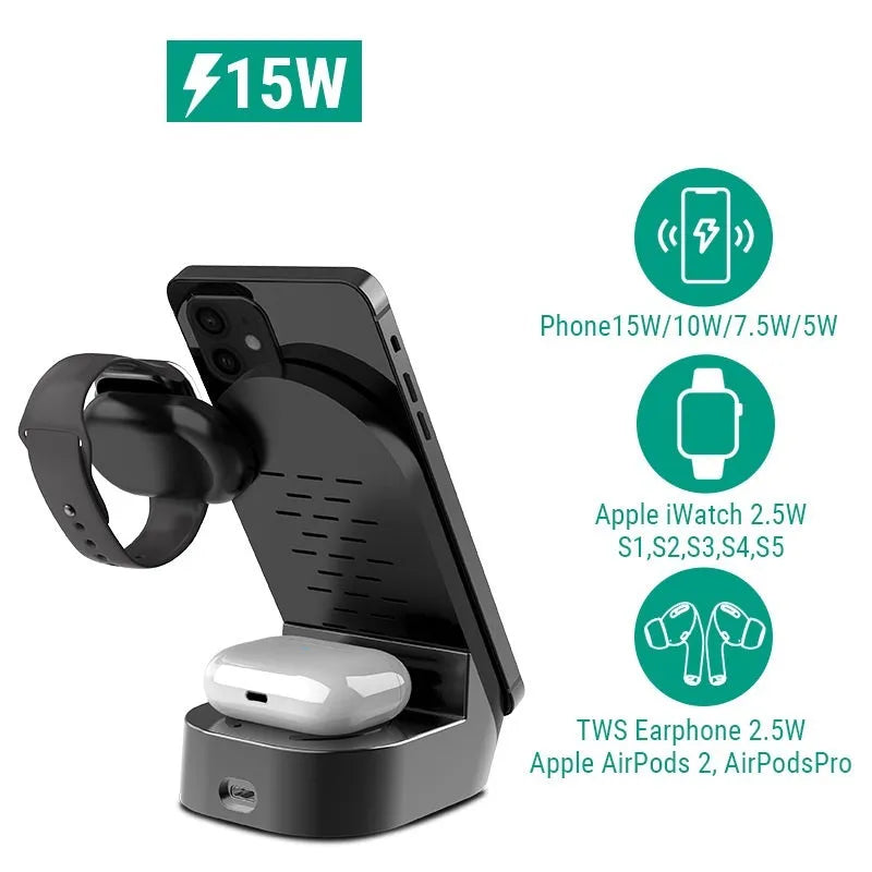 Black grey foldable wireless charging stand showing phone vertical charging, watch charging and earbuds case charging