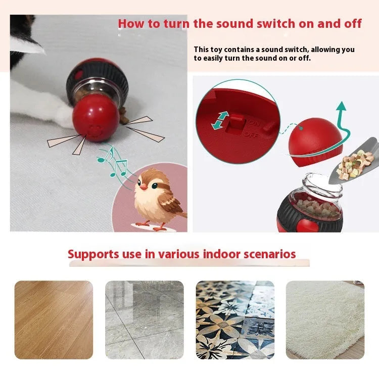 Rotating plastic cat toy with a super ball, designed for food dispensing and sound play.