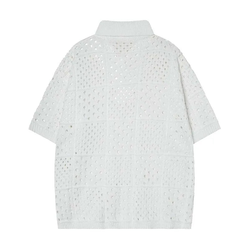 Men's loose-fitting black hollow knit short-sleeved polo shirt on a hanger, casual style.