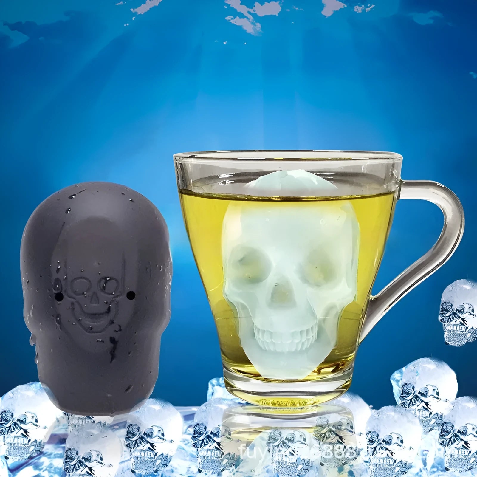 3D Halloween skull-shaped silicone ice cube tray on a white background.