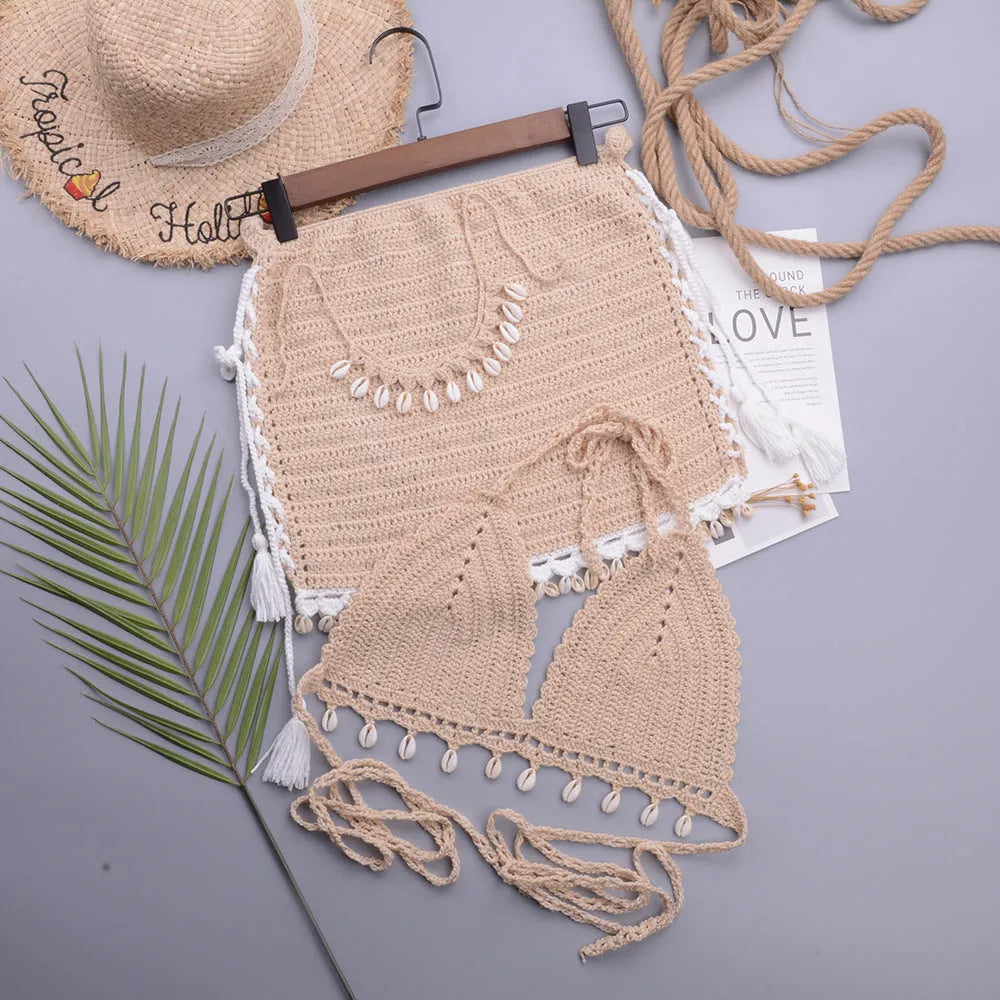 Women's handmade cotton blend split swimsuit in black, apricot, or white/apricot skirt colours with lace-up detail.