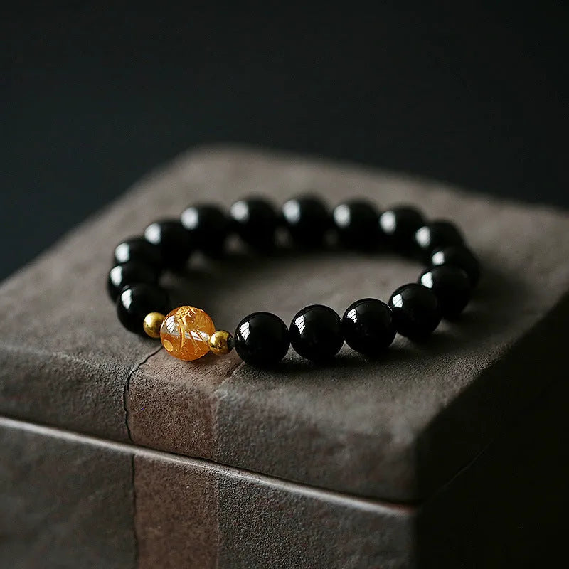 Geometric obsidian white crystal bracelet with black agate beads and adjustable 14-16 cm fit