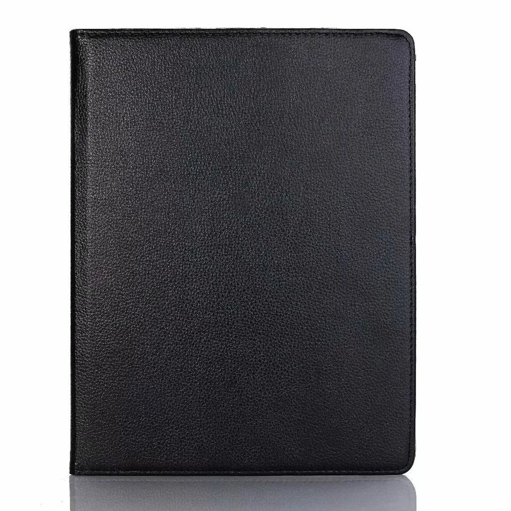 Imitation leather rotating clamshell protective sleeve for iPad and iPad Pro tablets.