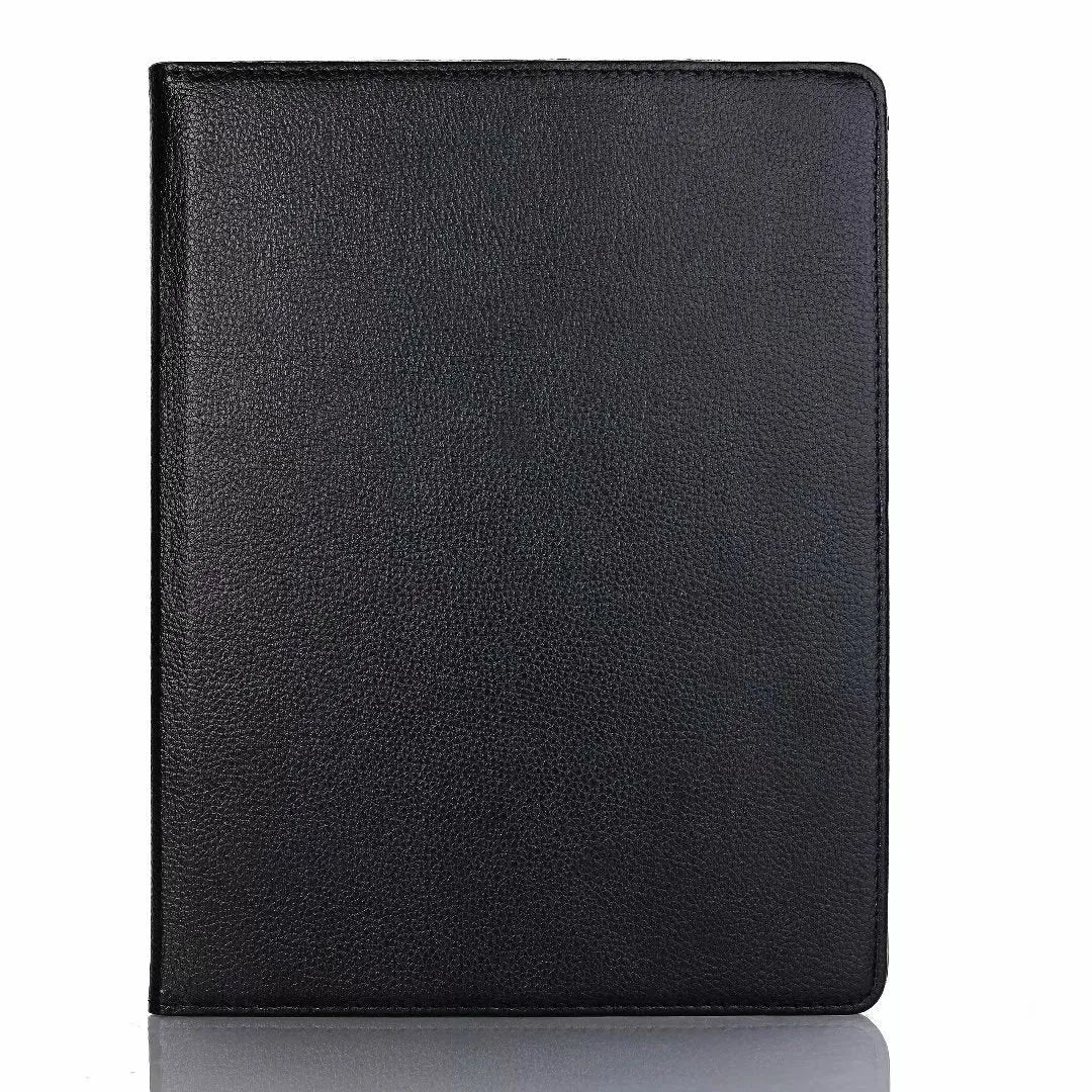 Imitation leather rotating clamshell protective sleeve for iPad and iPad Pro tablets.