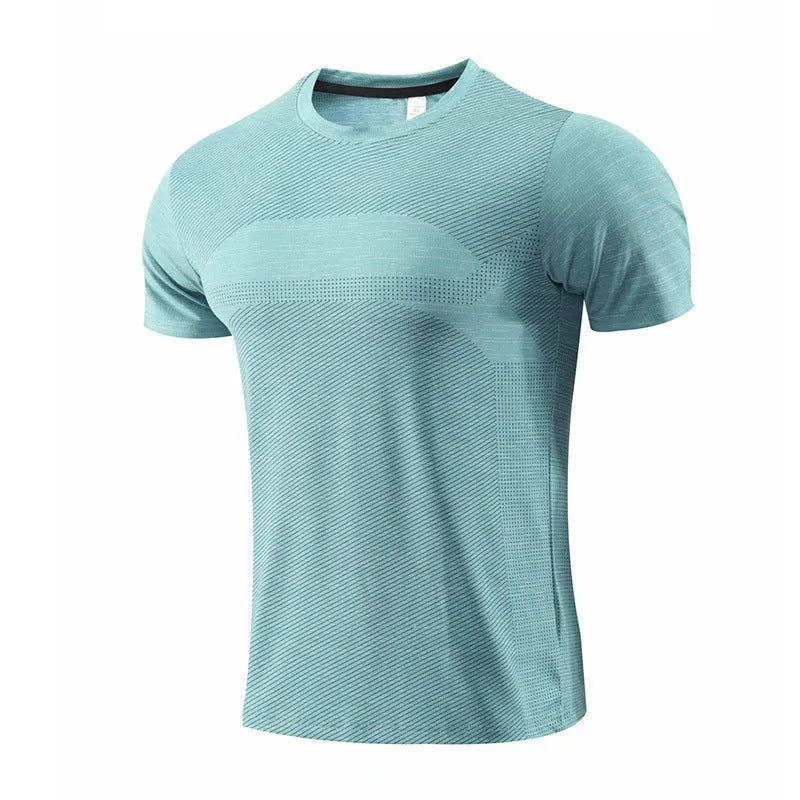 Men's red polyester spandex short sleeve sports t-shirt for running and basketball.