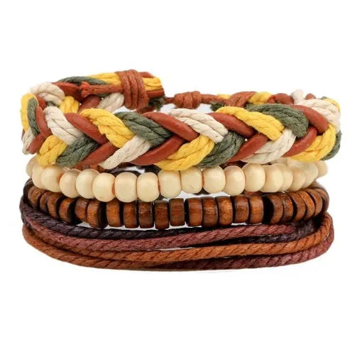 Adjustable leather punk wrap bracelet with wooden beads and multilayer design