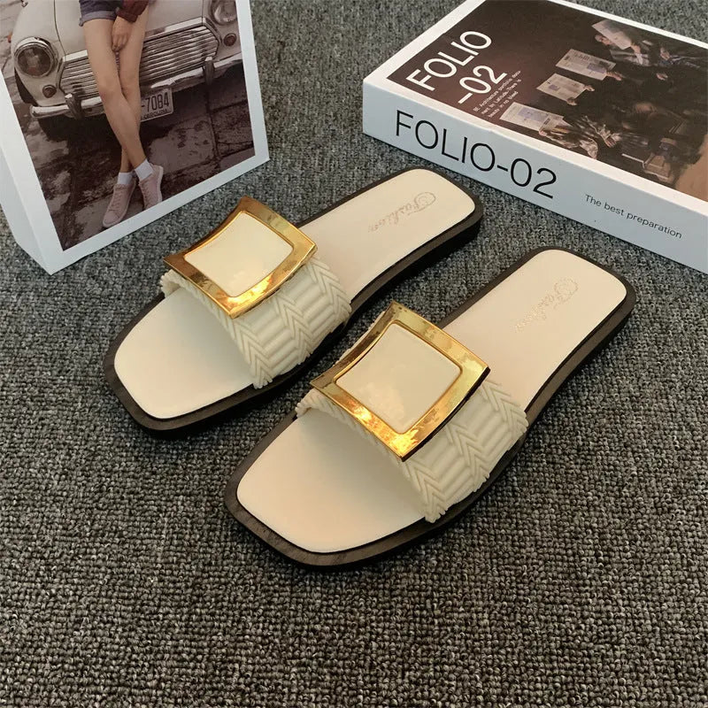 Women's casual apricot flat slippers with a waterproof PVC sole for summer.