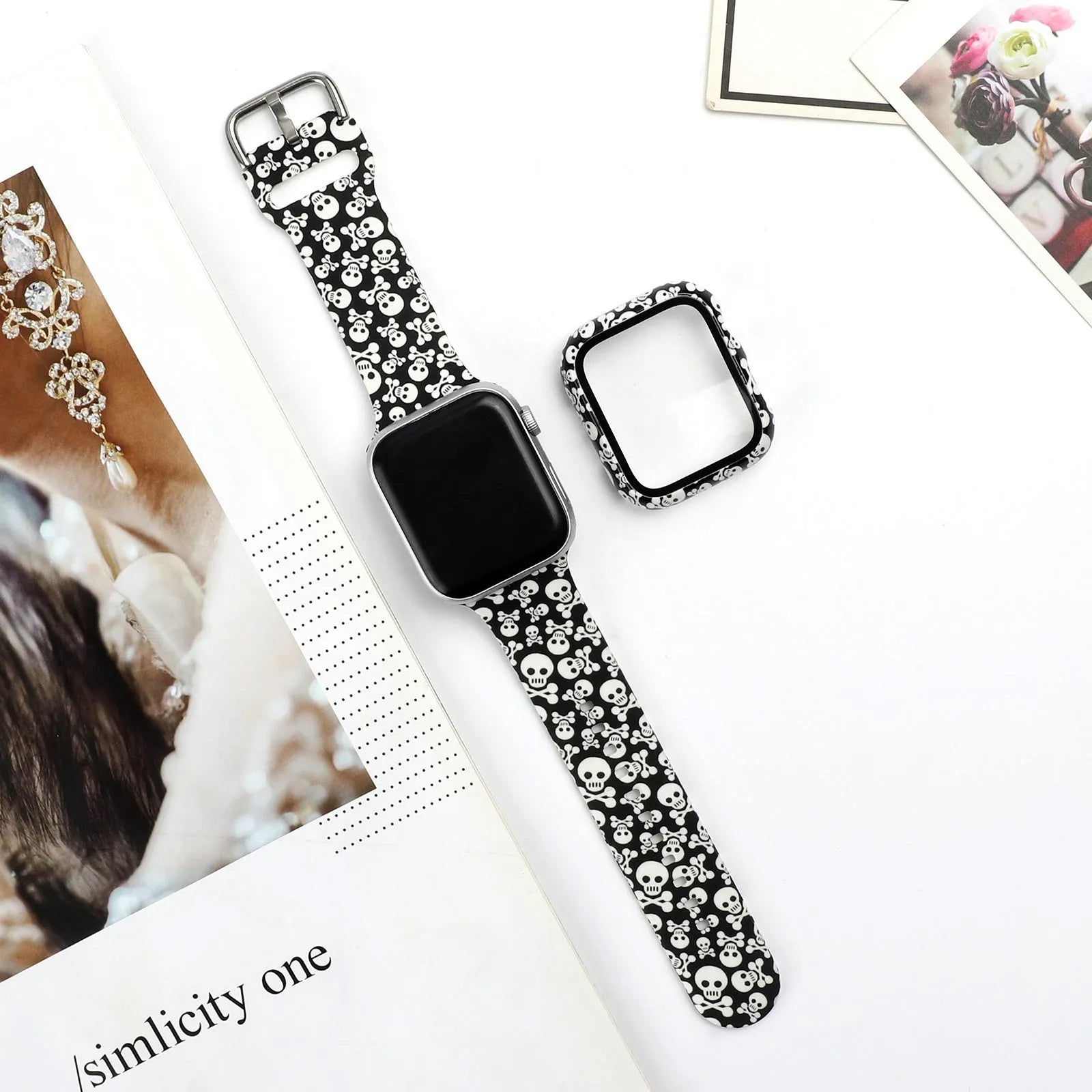 Printed silicone replacement watch strap for Apple Watch in multiple sizes and style designs.