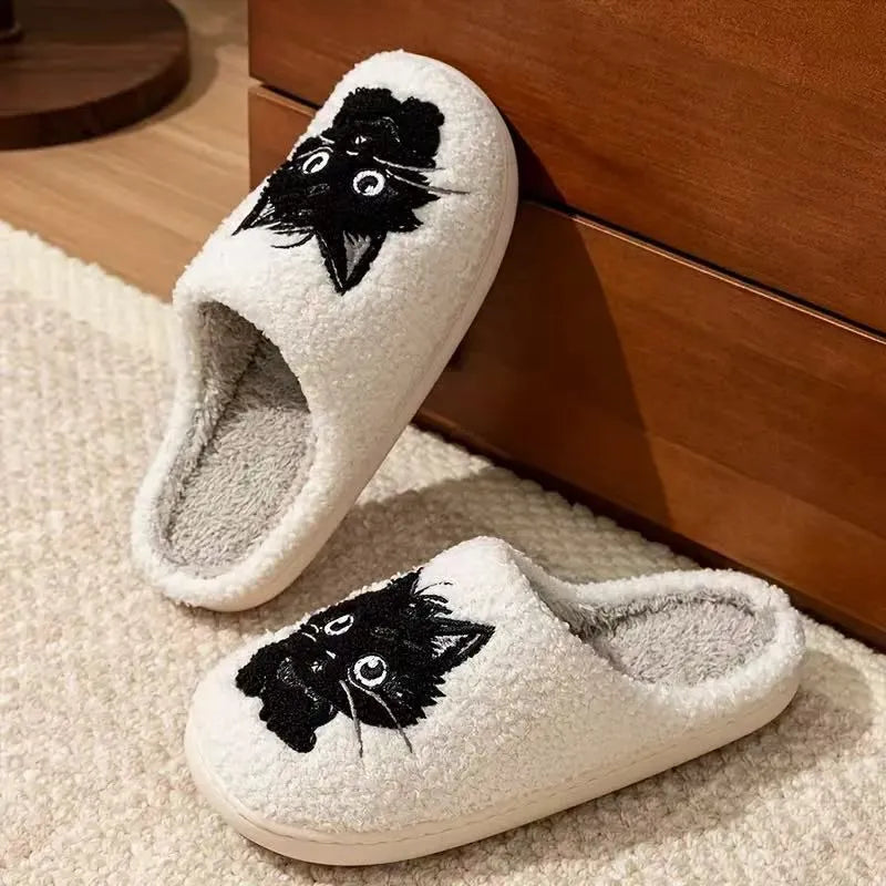 White Black Beard Cat cartoon plush slippers for couples with non-slip sole