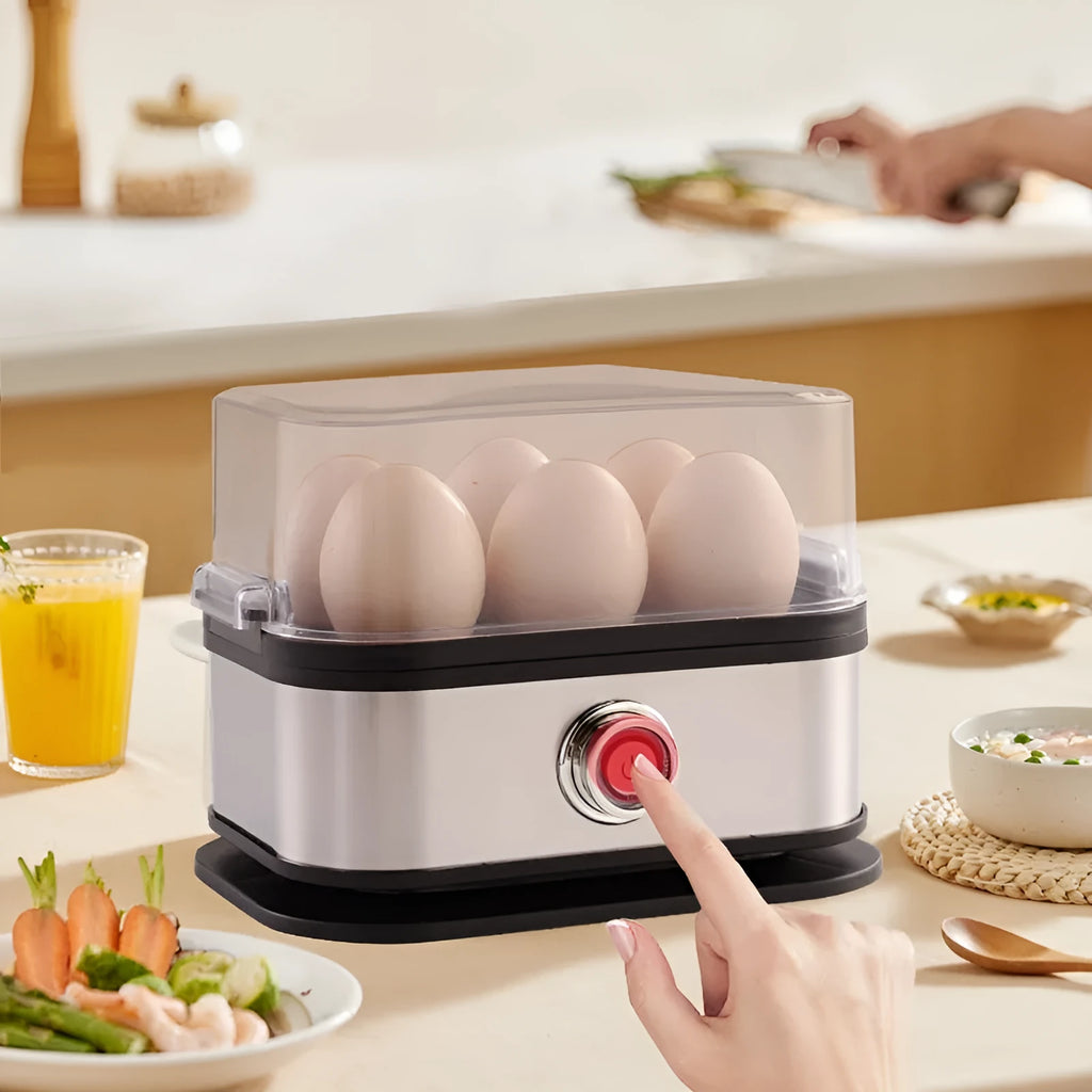 Black stainless steel portable egg boiler with a compact belt-like design for travel