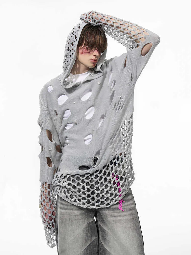 Men's black loose hoodie with pearl decorations on the hood, thin material.