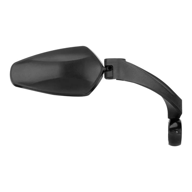 Black rotatable acrylic rearview mirror for mountain bike handlebars.