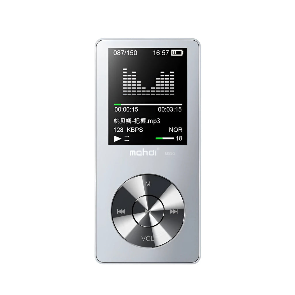 Gold portable MP3 music player with 1.8-inch screen, metal body, and physical control buttons.