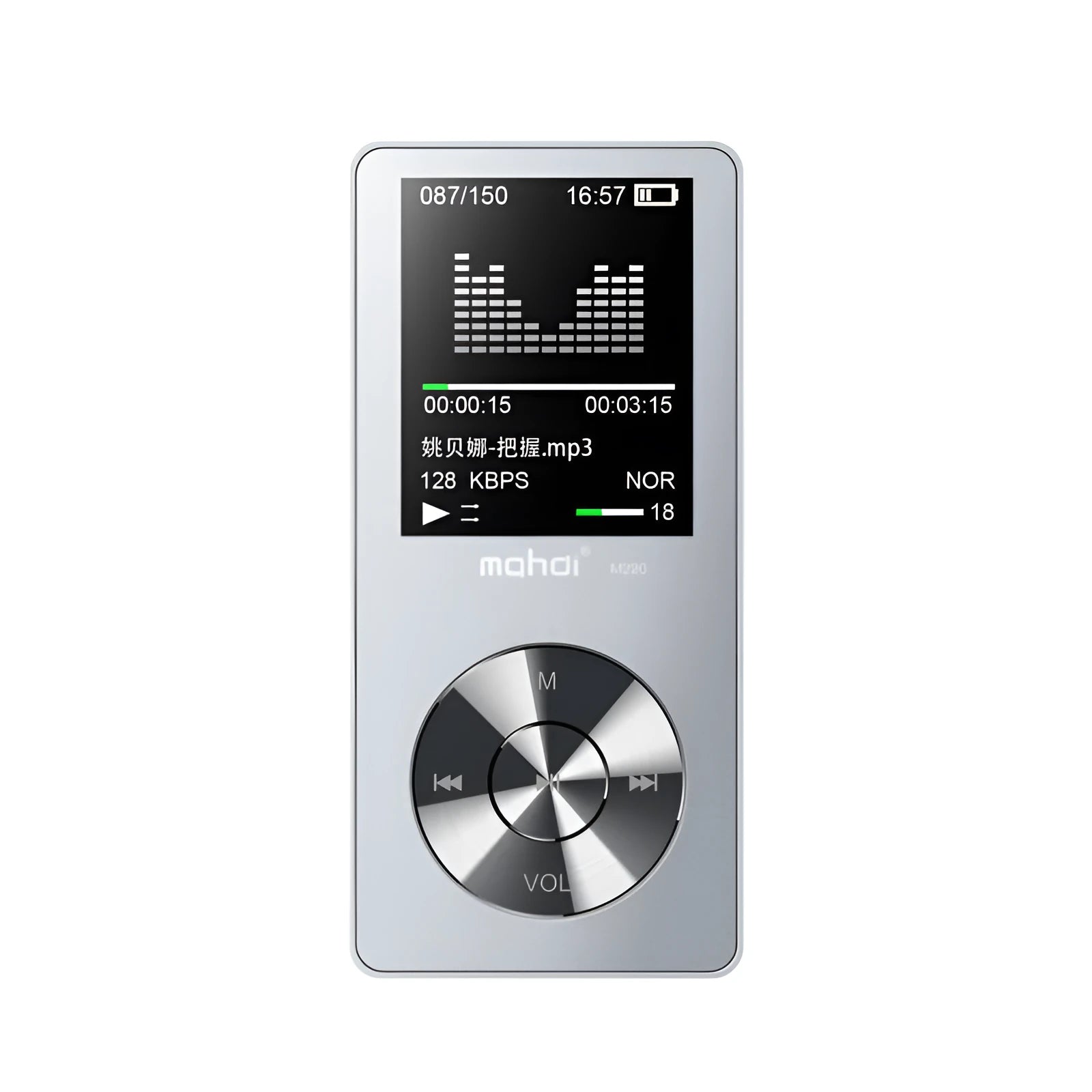 Gold portable MP3 music player with 1.8-inch screen, metal body, and physical control buttons.