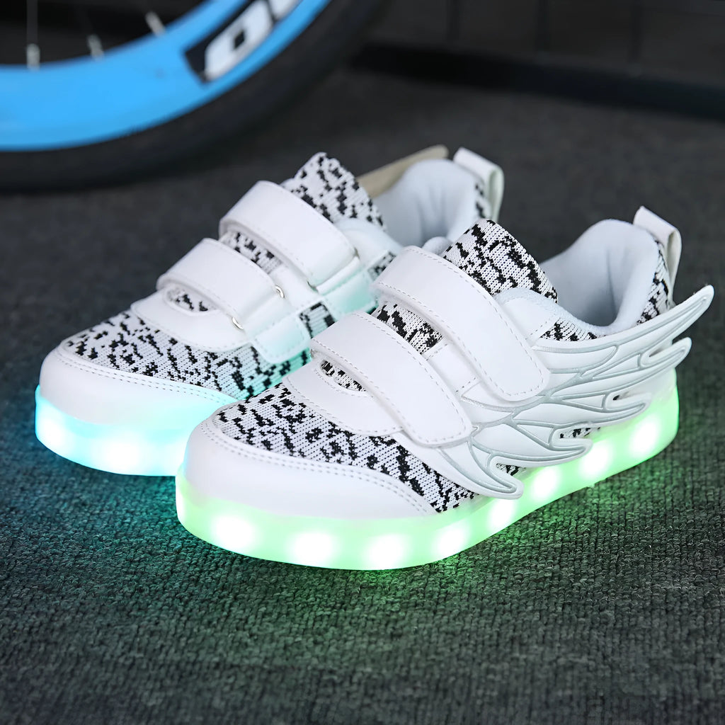 Children's plum red and white USB rechargeable LED light shoes with hidden colour switch