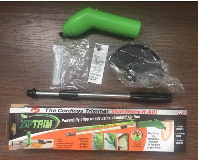 Cordless lawn trimmer tool with extension pole and protective debris shield for garden maintenance