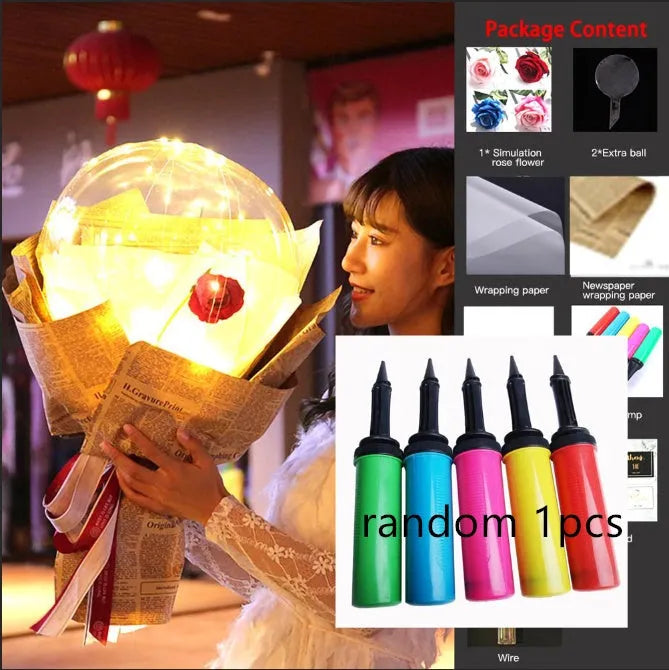 Transparent LED luminous balloon with artificial rose and built-in light, shown as a DIY bouquet kit.