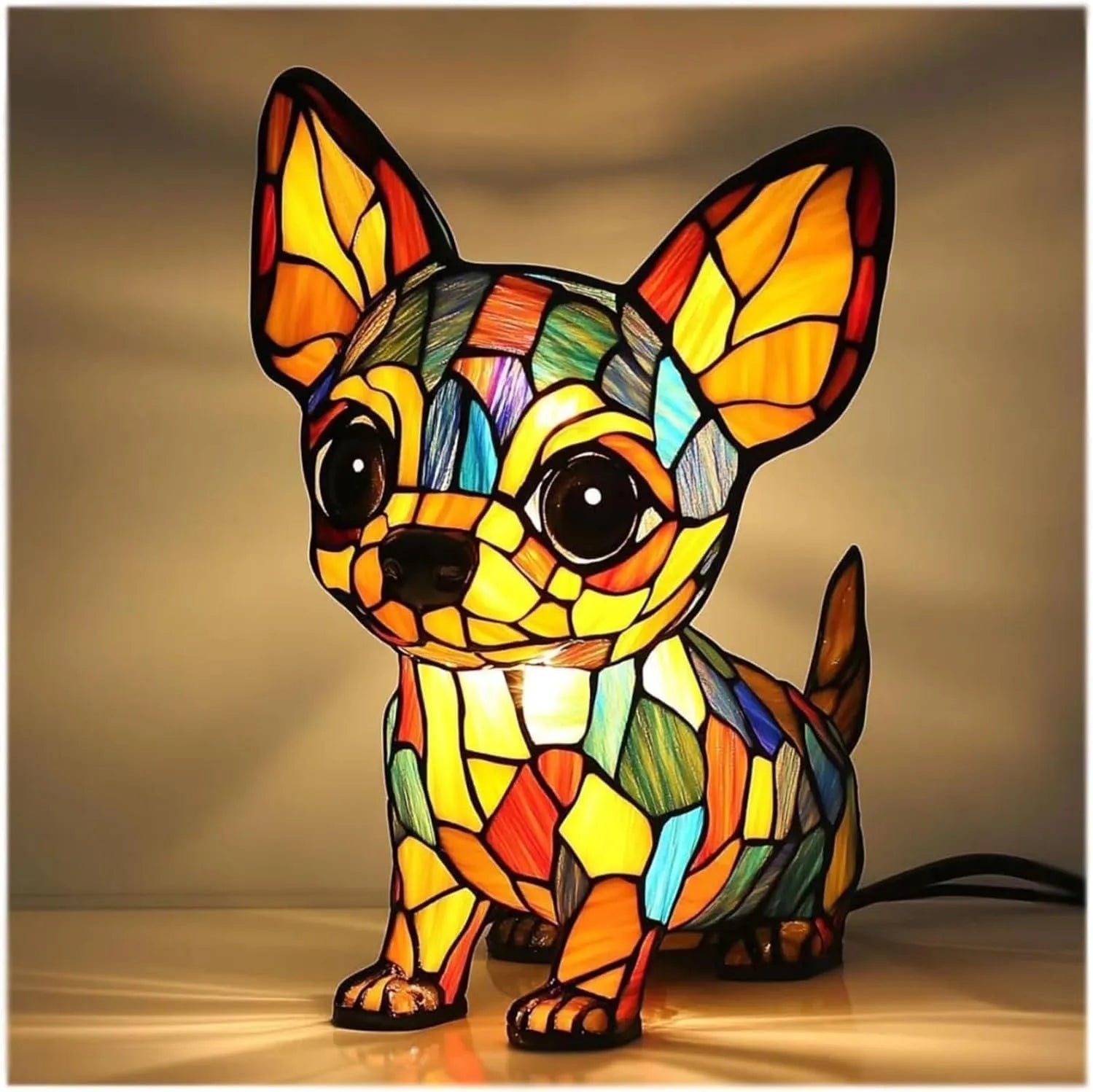 Colourful resin dog lamp decoration in pug shape, button battery powered, on a shelf