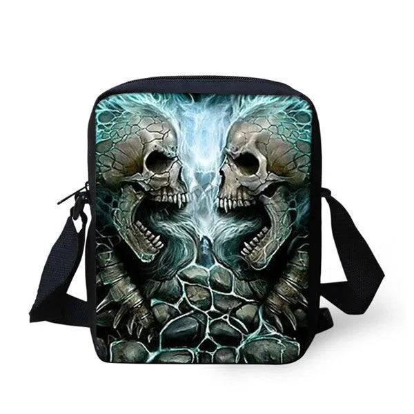 Children's messenger bag with skull pattern showing double adjustable straps and zippered main compartment