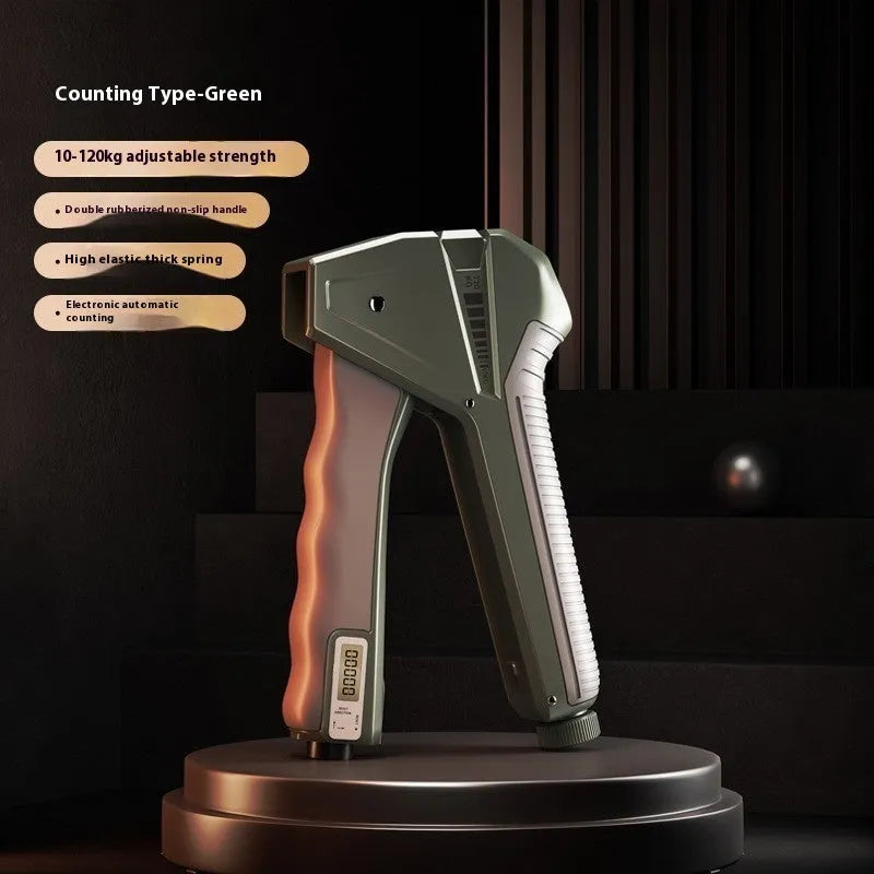 Adjustable hand grip strengthener with mechanical force display, shown in orange colour.