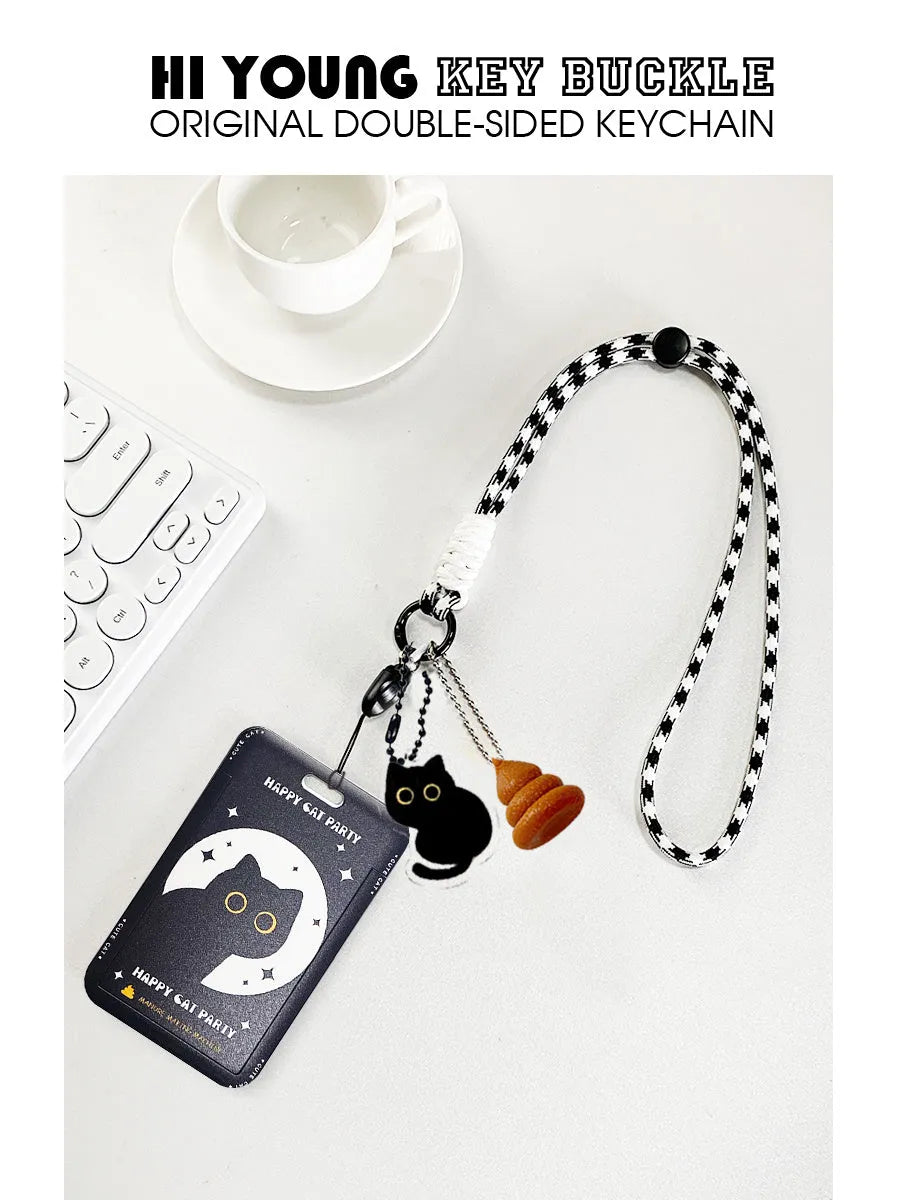Cartoon black cat plastic card sleeve holder with a silver ferrule pendant attached.