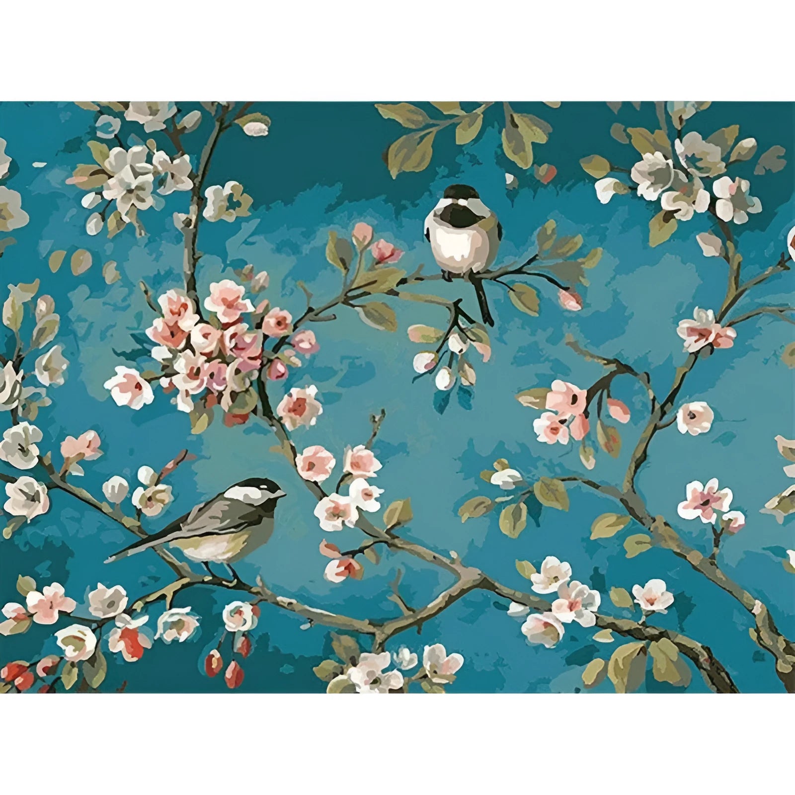 Hand-painted blue flowers and birds abstract oil painting on 40x50cm linen canvas