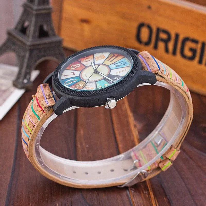 Women's vintage style quartz watch with 37mm round dial on leather strap with stainless steel pin buckle