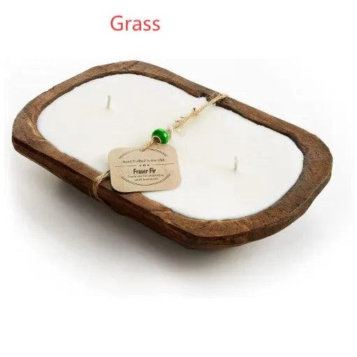 Retro-style lavender aromatherapy candle in a wooden basin made from soy wax.