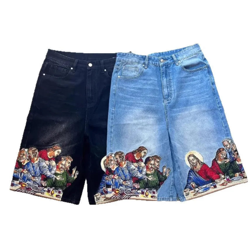 Blue men's cotton shorts with a Jesus design printed on the back pocket, showing tapered leg fit.