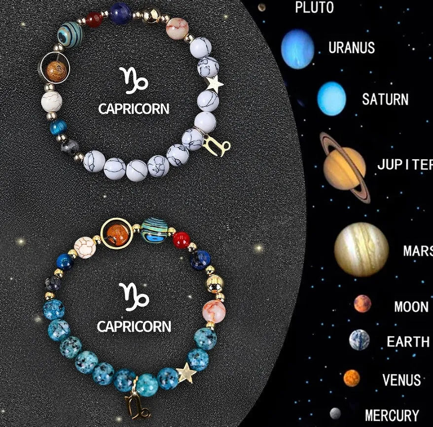 Set of twelve natural stone beaded bracelets featuring zodiac sign designs