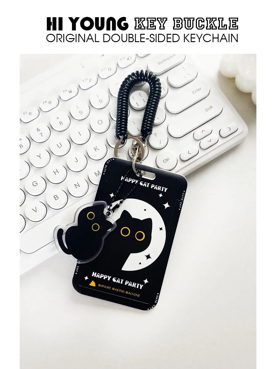 Cartoon black cat plastic card sleeve holder with a silver ferrule pendant attached.
