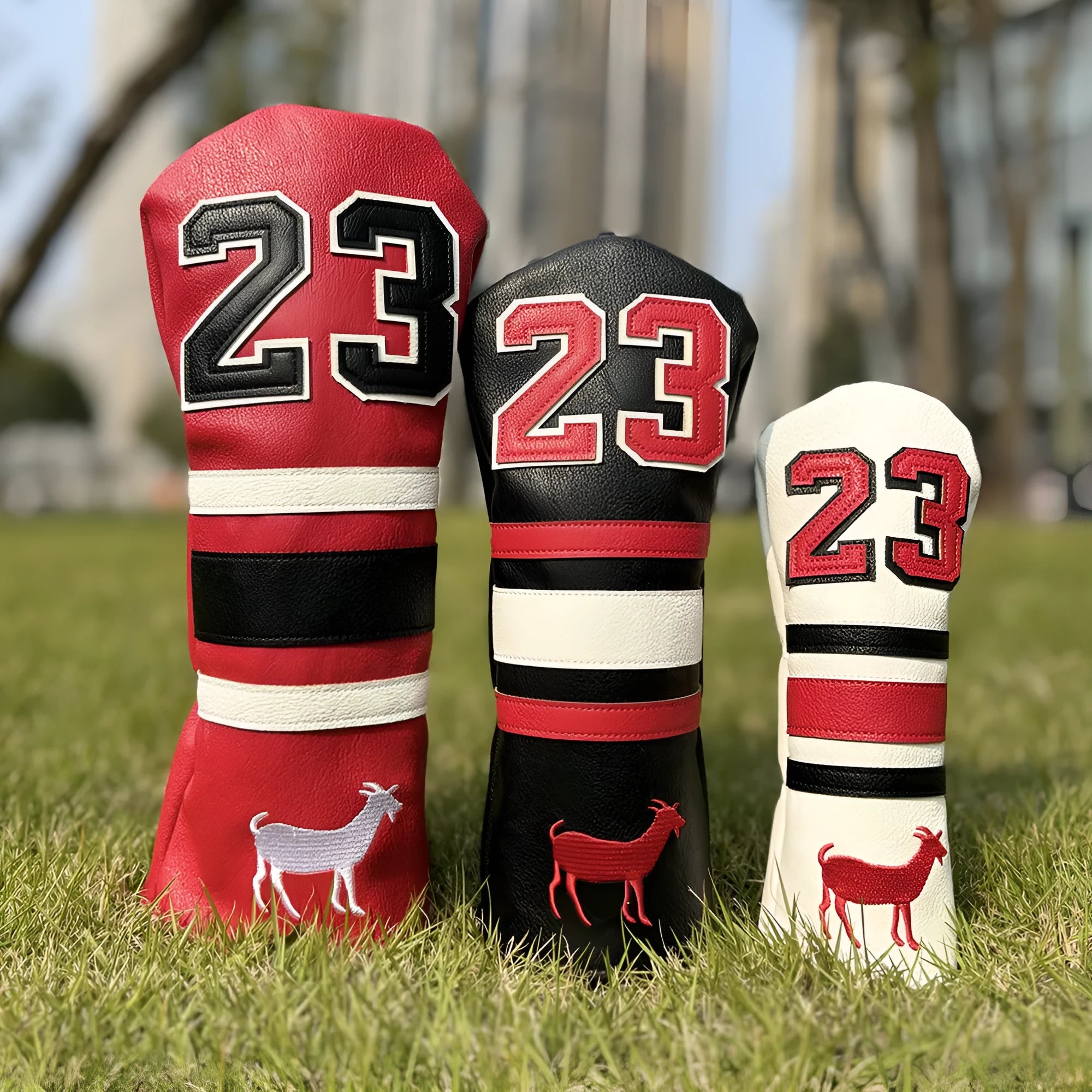 Set of four PU golf club head cover sleeves in assorted colours for fairway woods and putter.