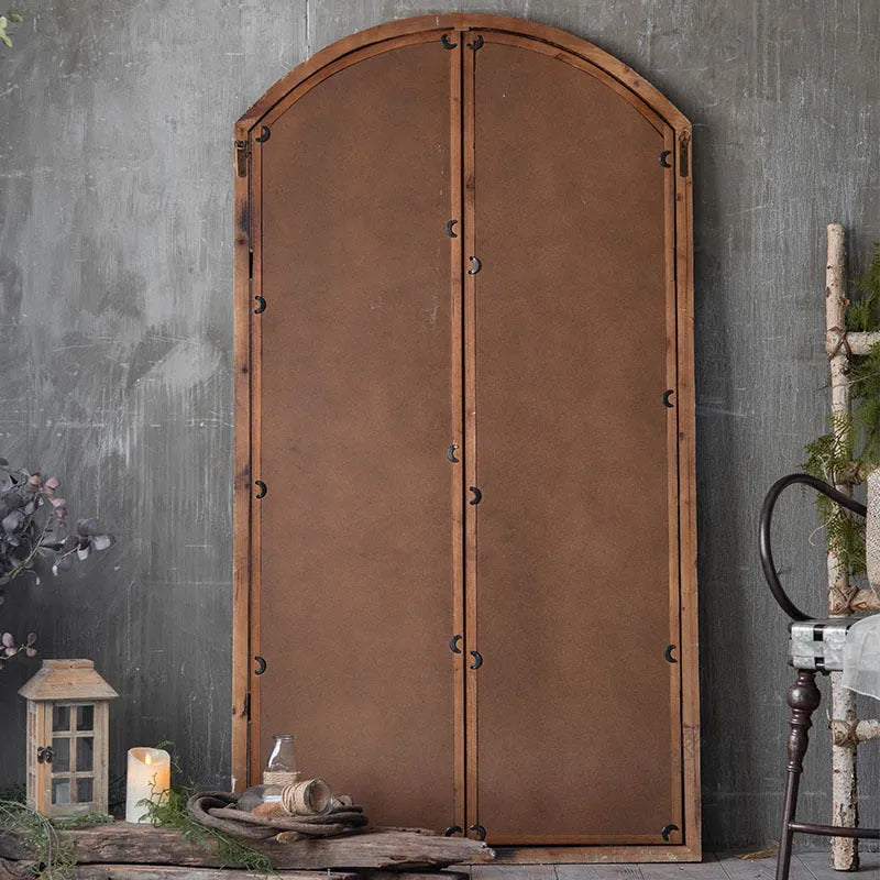 Terrace log colour wooden frame fake window wall mirror on a plain wall.