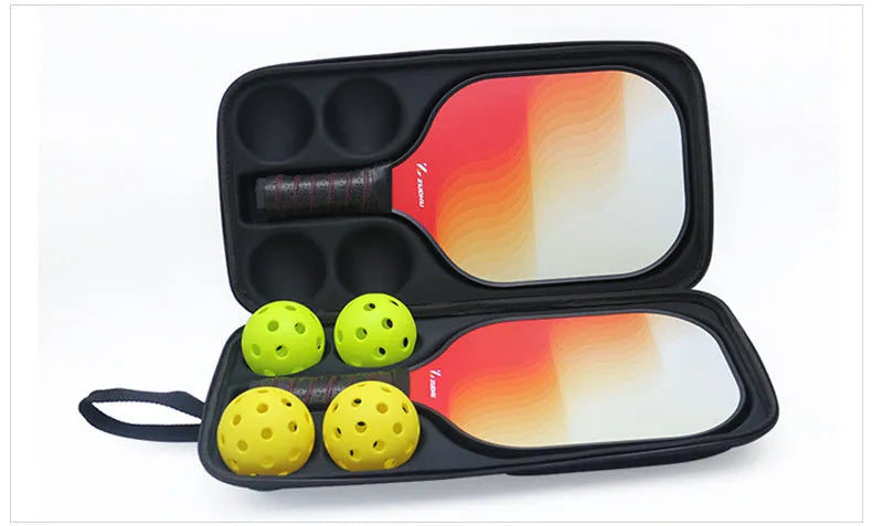 Black EVA pickleball racket storage case with dual shoulder straps showing racket and ball compartments