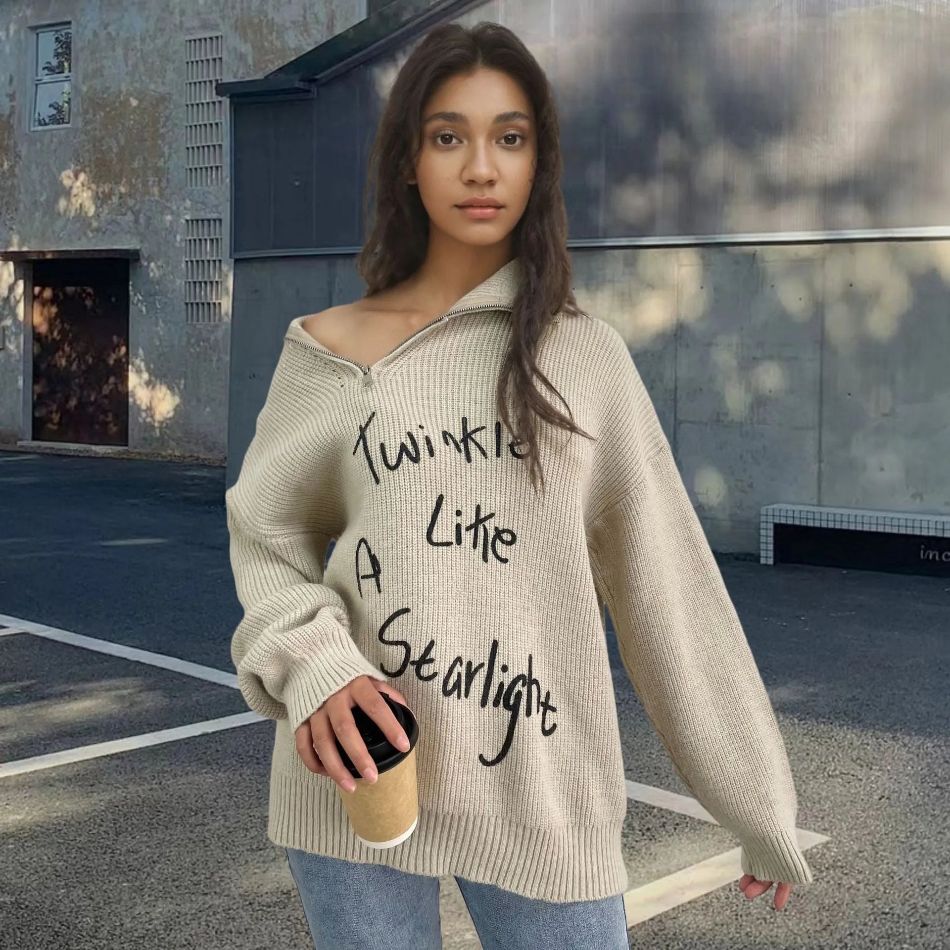 Women's light khaki alpaca wool retro sweater with loose lapels and an oblique zipper.