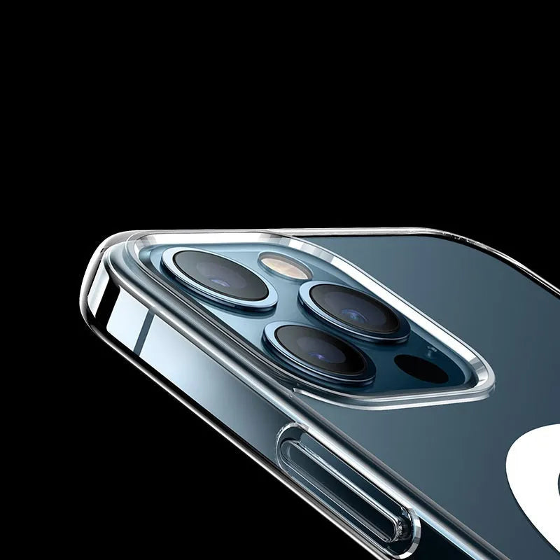 Transparent magnetic back cover phone case for iPhone models showing clear design and MagSafe compatibility