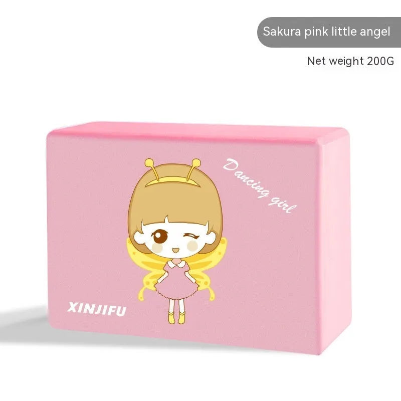High-density EVA foam yoga block in assorted colours and prints, showing two thickness options for yoga and dance.