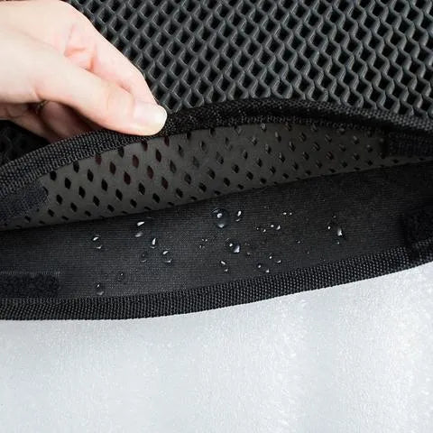 Double layer EVA cat litter mat in black with textured surface, placed under a litter box to trap debris