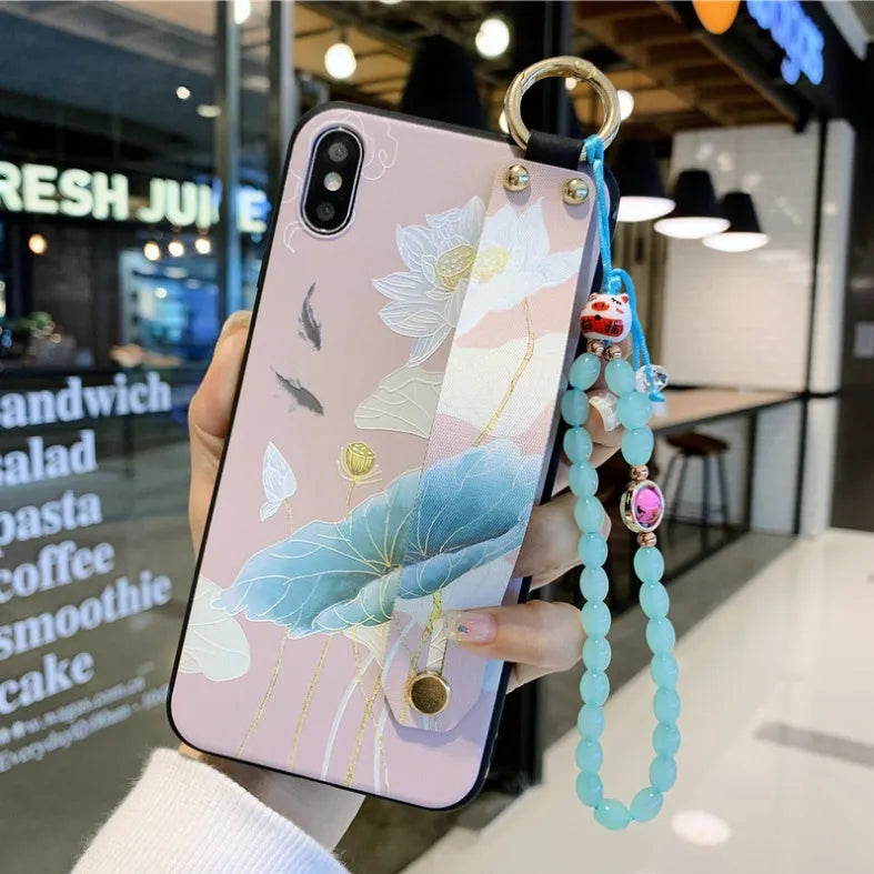 Rose flower pattern silicone wrist strap for iPhone phone cases