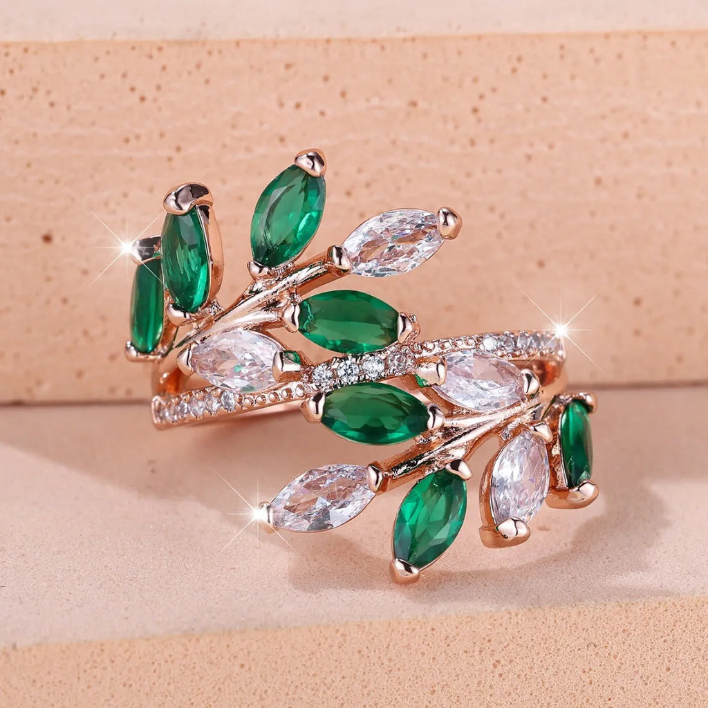 Adjustable copper leaf ring with zircon finishes in multiple colour options