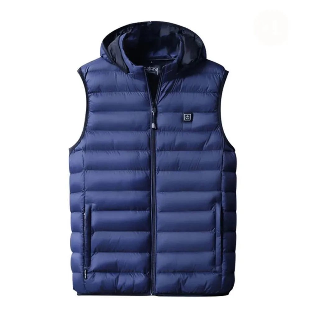 Heated cotton vest with carbon fibre heating element in black, available in sizes L to 4XL